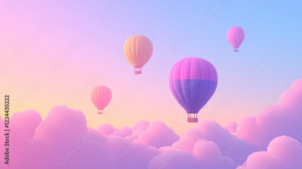Fototapeta premium Pastel hot air balloons soar above dreamy clouds at sunrise; idyllic travel poster (1)