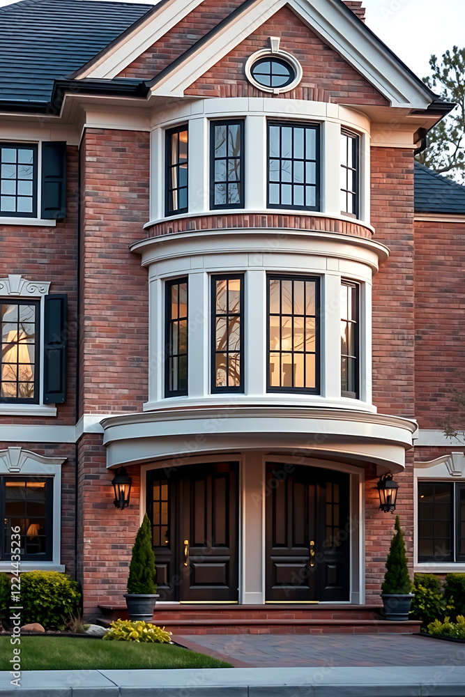 Fototapeta premium Majestic Brick House Exterior: Modern Architecture, Elegant Design, Luxury Home, Real Estate