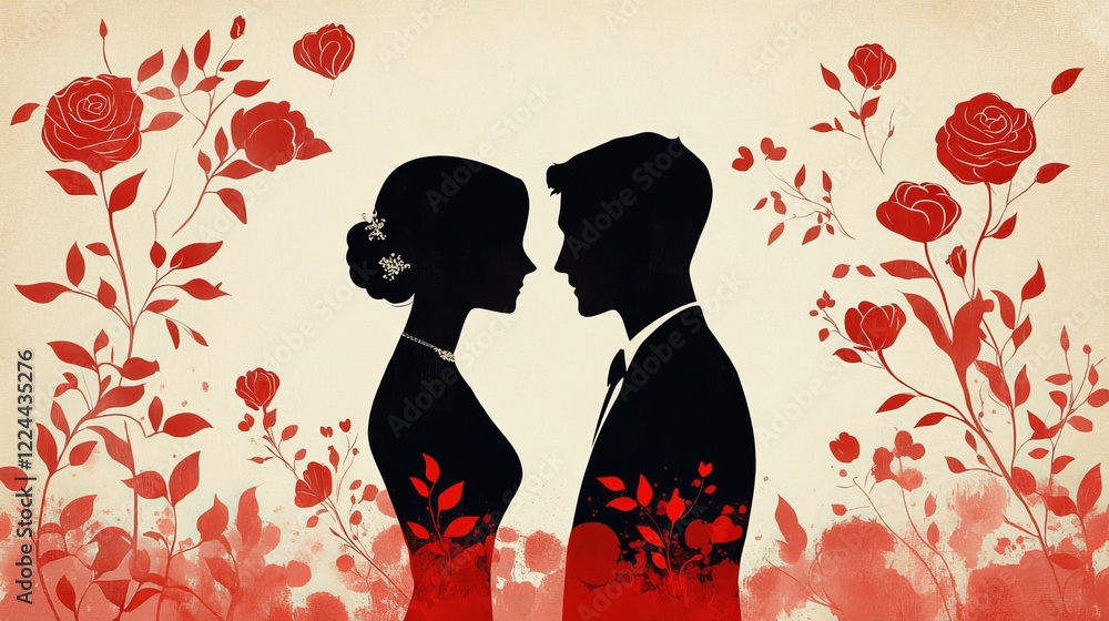Fototapeta premium Romantic silhouette portraits of a couple amidst floral design love theme artistic background