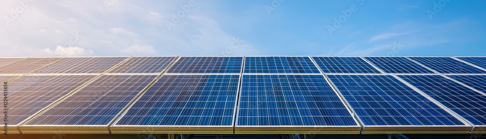 A bright sky backdrop highlights solar panels, showcasing renewable energy technology and sustainability. A bright sky backdrop highlights solar panels, showcasing renewable energy technology and sustainability.