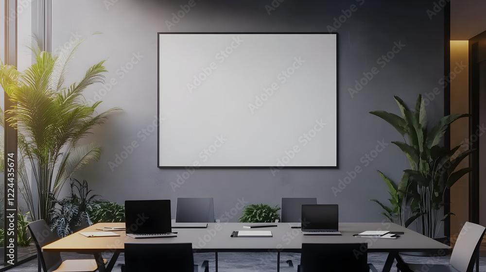 meeting room with a large blank poster mounted on a wall above a sleek conference table with office chairs, laptops, and notebooks, perfect for corporate branding or presentation mockups meeting room with a large blank poster mounted on a wall above a sleek conference table with office chairs, laptops, and notebooks, perfect for corporate branding or presentation mockups