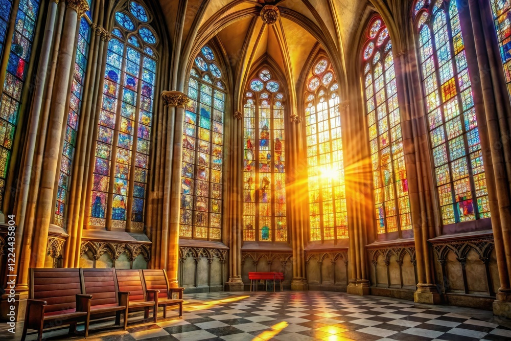 Fototapeta premium Golden hour sunlight filters through a stained glass window in a majestic cathedral, cathedral, colors, hues, gold texture, grandeur