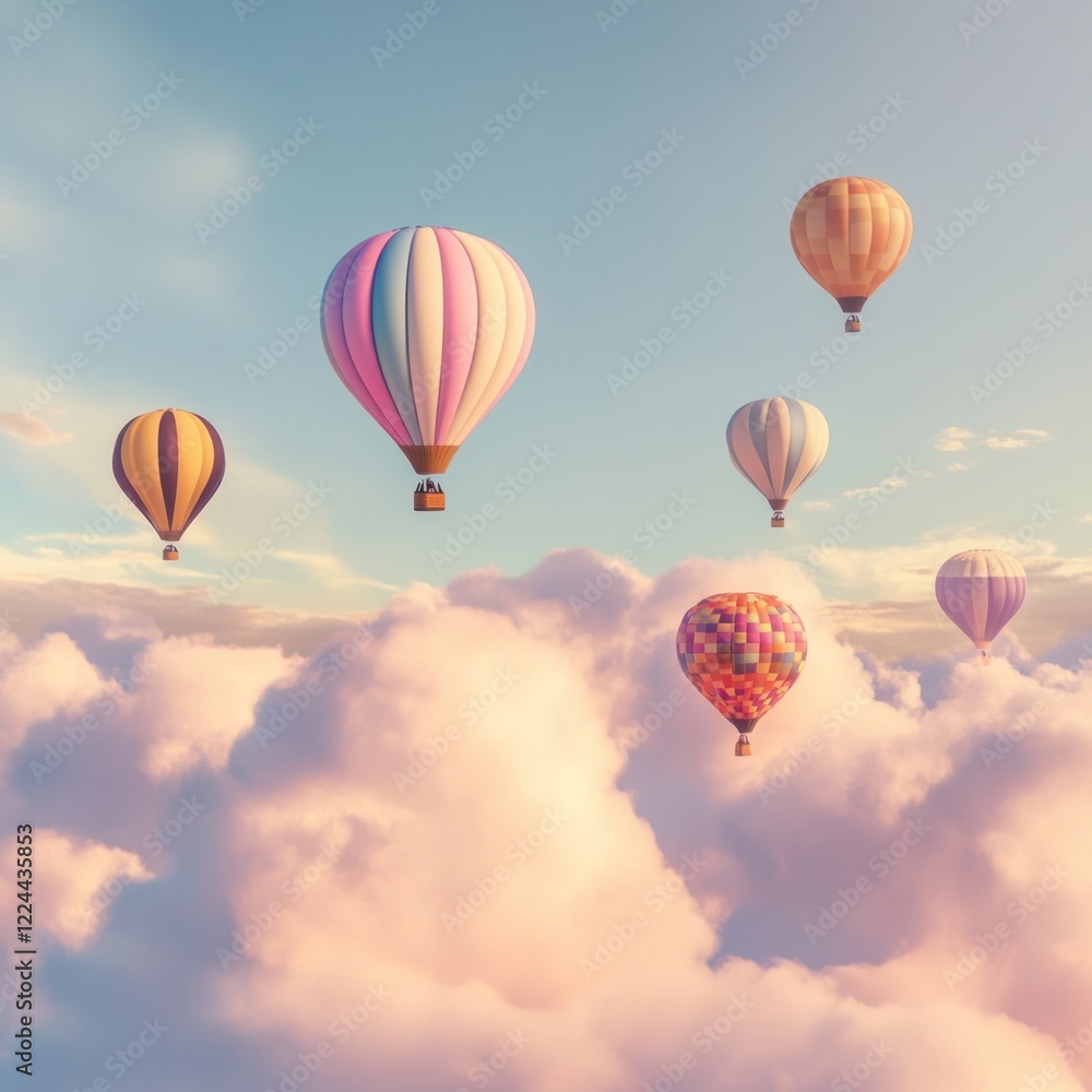 Obraz premium Colorful hot air balloons soar above fluffy clouds at sunset, ideal for travel posters