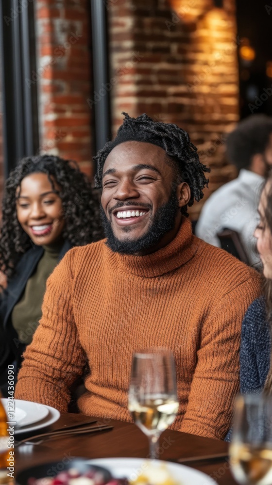 Group of friends chatting about dating experiences while enjoying a meal in a cozy restaurant setting. Generative AI Group of friends chatting about dating experiences while enjoying a meal in a cozy restaurant setting. Generative AI