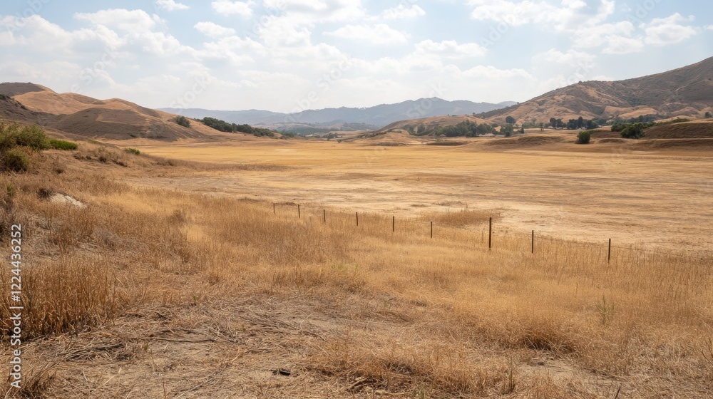 Dry, brown field with distant mountains under a partly cloudy sky. Dry, brown field with distant mountains under a partly cloudy sky.