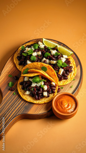 Gourmet bangassou black bean tostadas served on a rustic wooden board with a side of refried beans, gourmet, yummy, appetizer, black bean photo