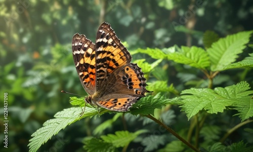 Green nettle leaf with Speckled Wood Pararge aegeria butterfly in habitat, outdoor, green leaf, foliage photo