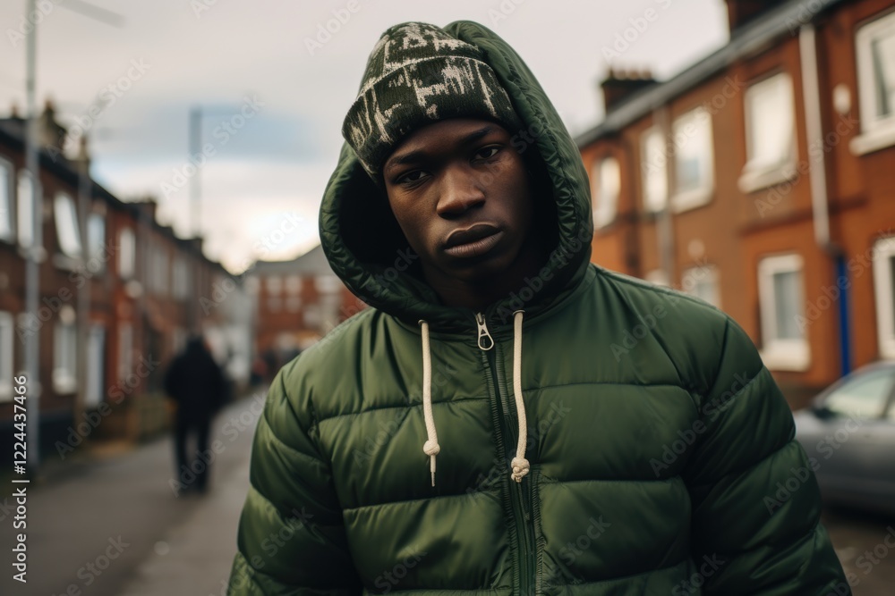 A man wearing a green jacket and a green beanie is standing on a street A man wearing a green jacket and a green beanie is standing on a street