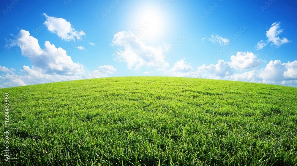 Sunny day, green field, blue sky, clouds, idyllic landscape, nature background, website banner Sunny day, green field, blue sky, clouds, idyllic landscape, nature background, website banner