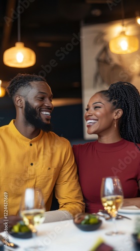 Smiling couple enjoys a cozy dinner together in an intimate restaurant atmosphere filled with warm lighting. Generative AI