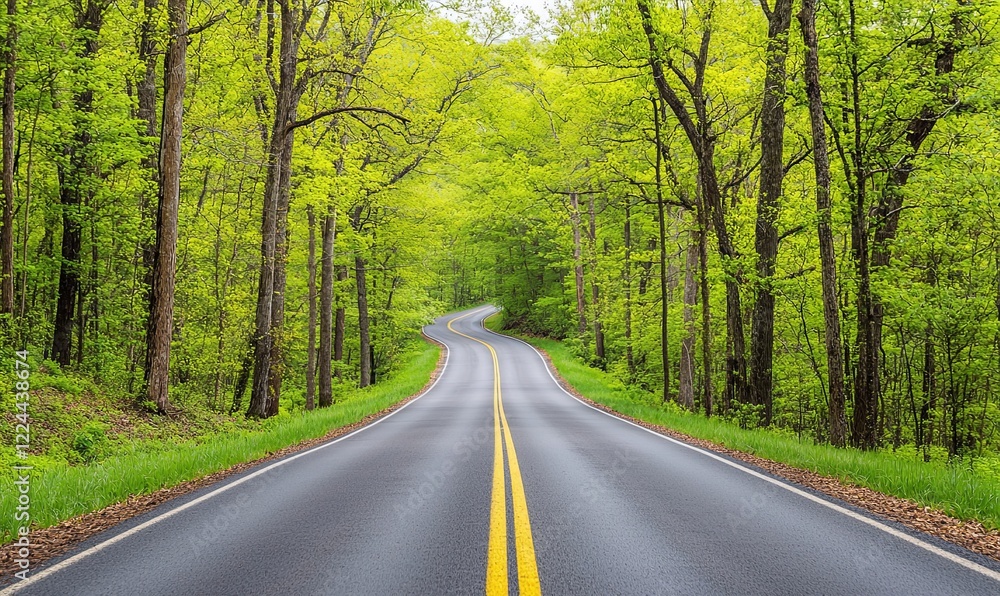 Winding road through lush green forest in spring Winding road through lush green forest in spring
