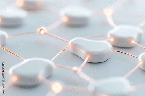 A modern 3D digital grid showcases glowing nodes interconnected by thin metallic lines against a light gradient background, ideal for branding or text overlay in an abstract setting