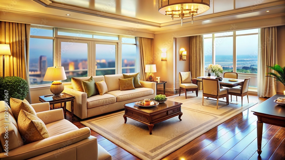 Beige Hotel Living Room: Panoramic Window, Dining & Relax Area - Tilt-Shift Photography