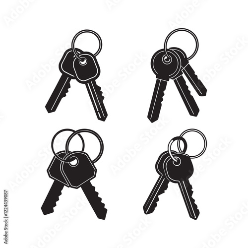 Keys with keychain Vector illustration. Keys Icon of door keys or car keys silhouette. hotel key, purchase of real estate or realtor services logo