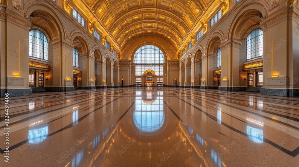 Obraz premium Grand station interior, marble floor reflecting arched window, daytime sunlight