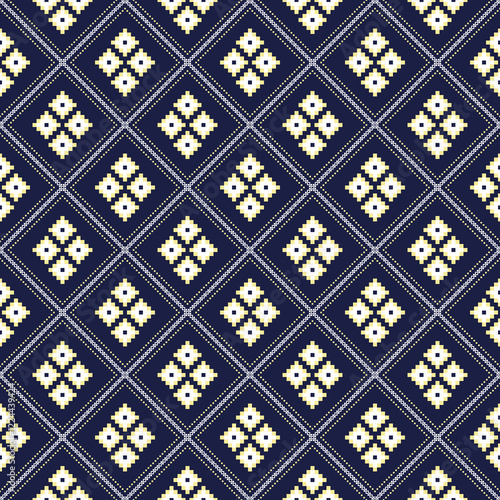 Abstract geometric ethnic pattern in white and yellow on a deep navy background, Design for clothing, fabric, background, wallpaper, wrapping, batik. Knitwear, Pixel pattern, Embroidery style.
Vector 