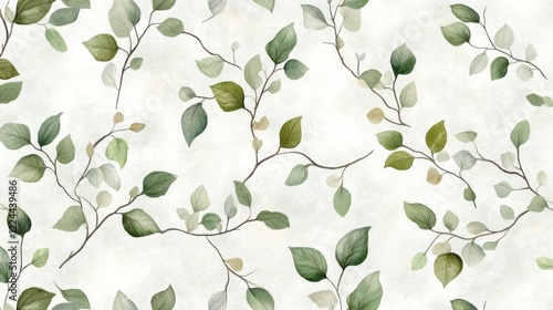 Watercolor Eucalyptus Leaves Pattern, Fabric Design, Beige Background, Home Decor