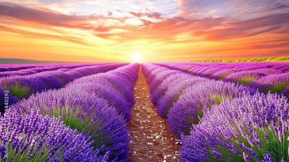 Obraz premium Sunset Lavender Field Rows, Provence, France, Calm (1)