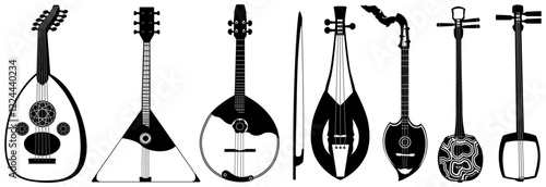 set vector acoustic guitar icon. Oud. Balalaika. Domra. rebec. Isarn Acoustic Electric Phin. Sanshin. Shamisen vintage design vector illustration