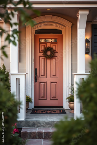 Charming Home Entrance with a Peach Door and Greenery. A perfect blend of architectural design and landscaping  creating a welcoming atmosphere.