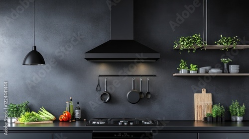 Modern black kitchen, cooking area, plants, dark wall, interior design
