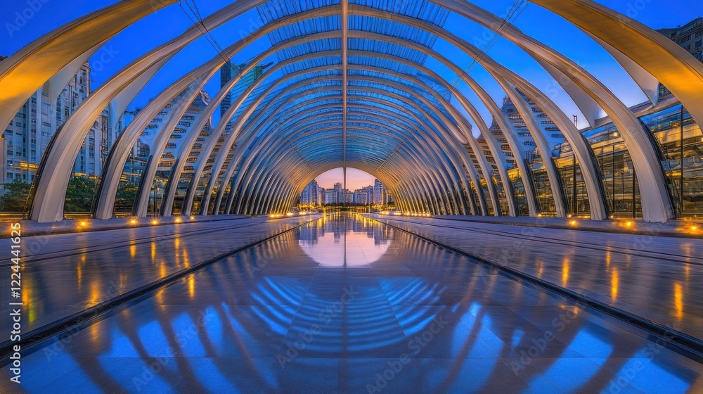 Fototapeta premium Modern arched walkway reflecting city skyline at dawn; architectural design