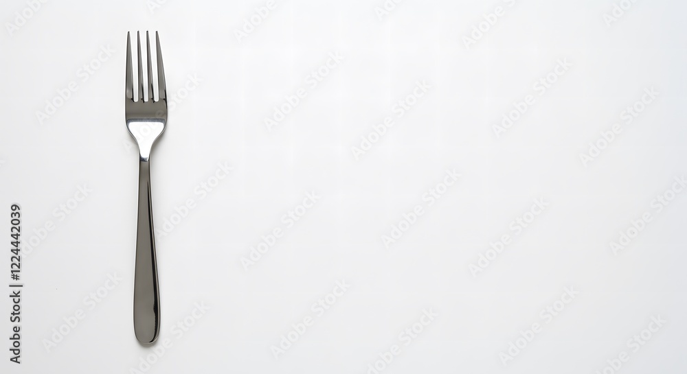 Simple Dinner Fork Resting Neatly on the Left Side of a Bright White Background with Space for Text on the Right Simple Dinner Fork Resting Neatly on the Left Side of a Bright White Background with Space for Text on the Right