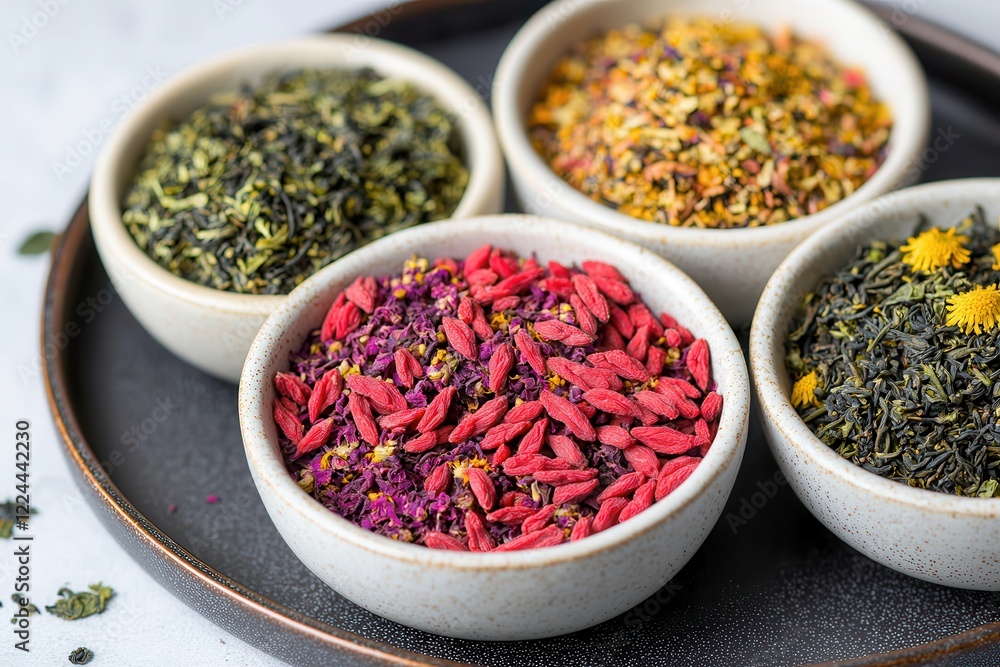 Goji berry: A powerful herbal remedy for health, Colorful bowls of assorted dried herbs and spices on a dark plate. Goji berry: A powerful herbal remedy for health, Colorful bowls of assorted dried herbs and spices on a dark plate.