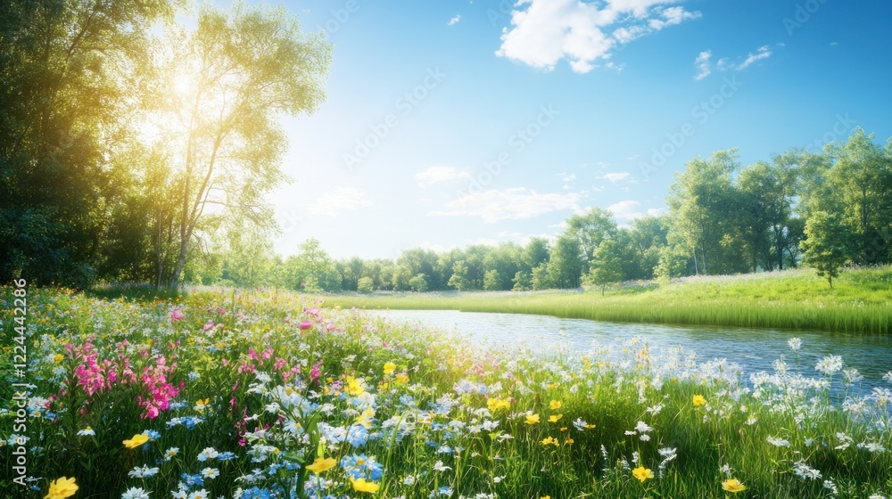 Fototapeta premium Sunny riverbank wildflowers, lush green trees, idyllic landscape, springtime serenity