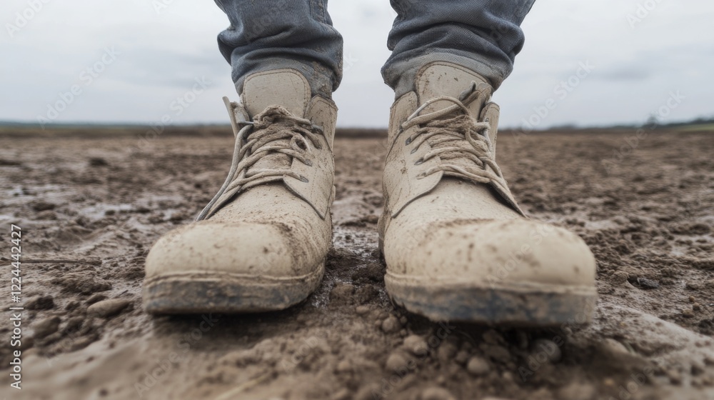 Mud-caked boots on plowed field. Mud-caked boots on plowed field.