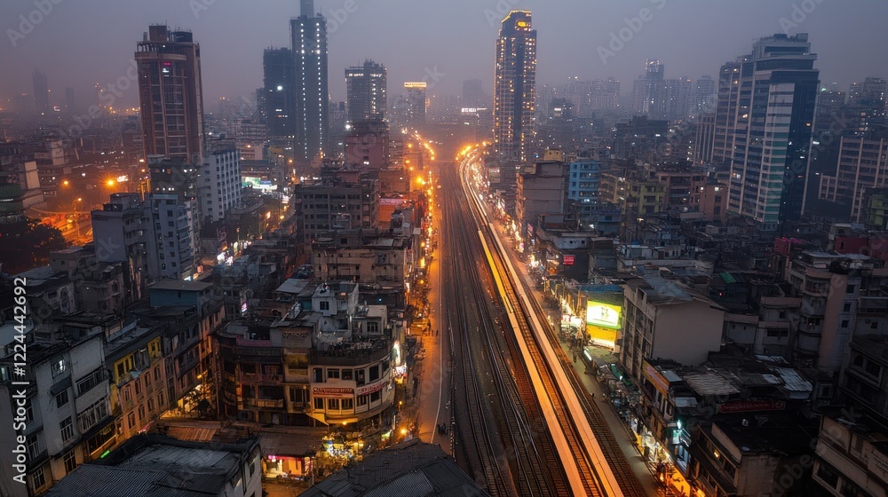 Fototapeta premium Night city train tracks aerial view, urban lights blur, fog