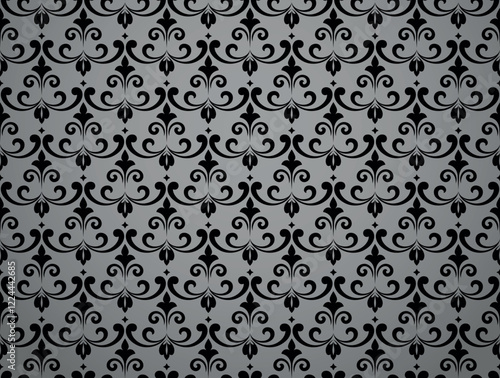 Wallpaper in the style of Baroque. Gray and black floral ornament. Seamless vector background. Graphic pattern for fabric, wallpaper, packaging. Ornate Damask flower illustration