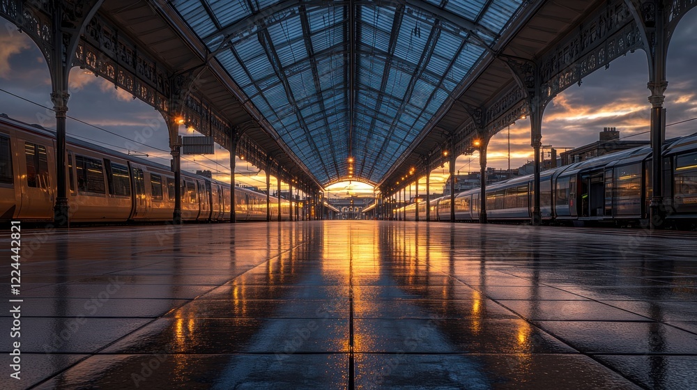 Sunset Train Station Platform Reflection Sunset Train Station Platform Reflection