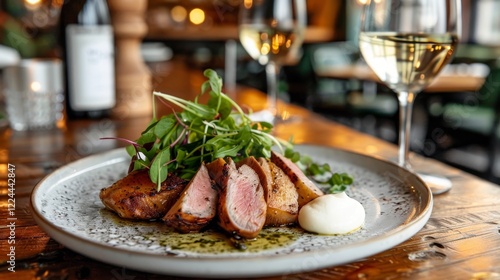 Fototapeta Naklejka Na Ścianę i Meble -  Enjoy a succulent beef tagliata, expertly crafted by the chef in a stylish, elegant restaurant.