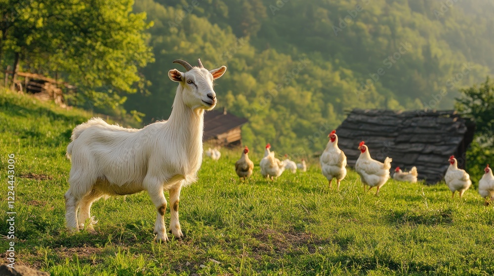Naklejka premium Hillside Goat, Chickens, Sunset, Farm, Rural