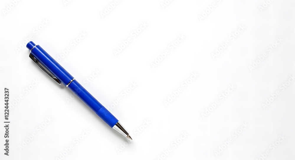 Sleek Blue Pen Resting Diagonally on the Left Side of a Bright White Background with Ample Space for Text Sleek Blue Pen Resting Diagonally on the Left Side of a Bright White Background with Ample Space for Text