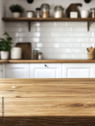 Rustic kitchen table with shelves in the background.