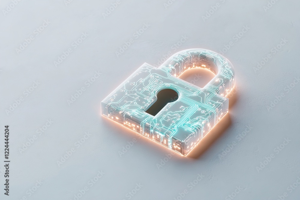 An illuminated lock symbol features vein-like circuitry in neon blue and green. Set against a bright white backdrop, it signifies high-tech security with space for text overlay An illuminated lock symbol features vein-like circuitry in neon blue and green. Set against a bright white backdrop, it signifies high-tech security with space for text overlay