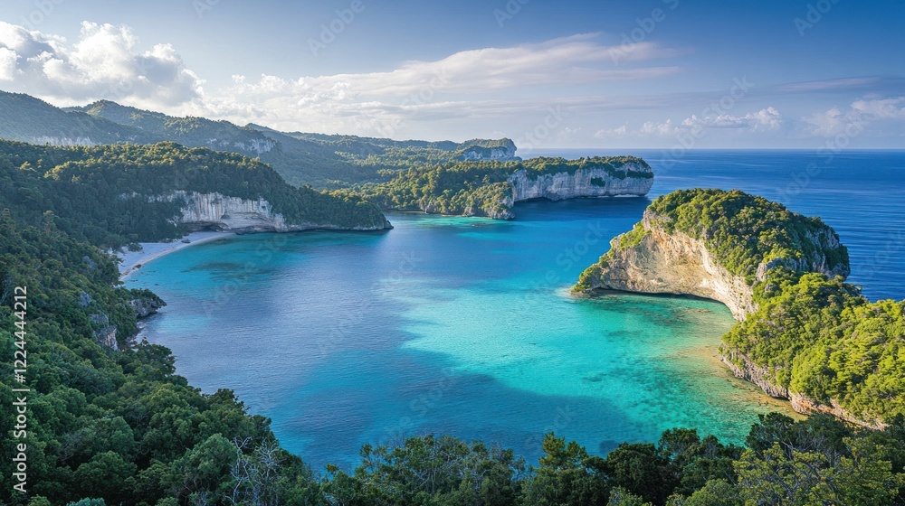 Fototapeta premium Island Cove Turquoise Water Scenic Sunrise Aerial View
