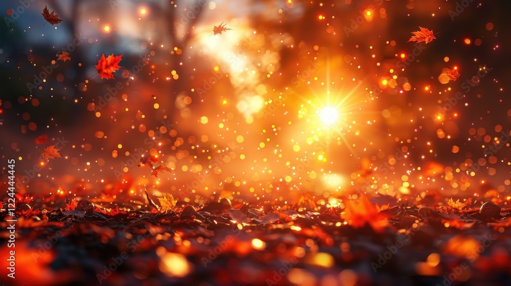 Obraz premium Magical Autumn Forest Sunset with Falling Leaves