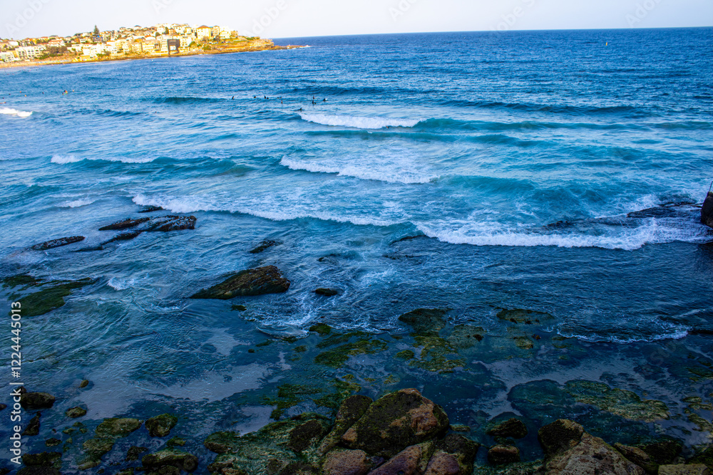Obraz premium Stunning Bondi Beach rocks covered in vibrant green moss, with waves crashing and creating a dynamic splash. Perfect blend of nature�s textures and coastal energy.