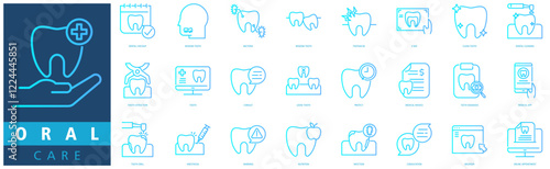 ORAL CARE ICON SET with dental checkup, wisdom tooth, bacteria, wisdom tooth, toothache, x ray, clean tooth, dental cleaning, dental care and tooth extraction