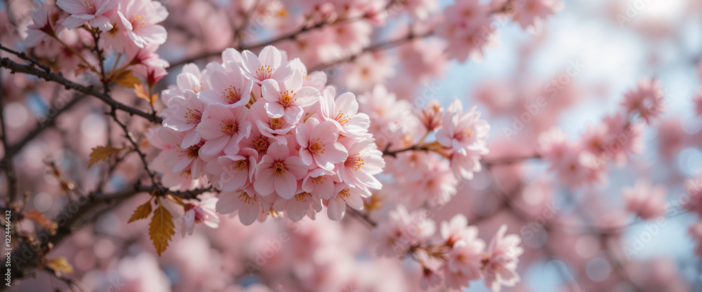 Soft pink cherry blossoms blooming on tree branches in spring, saura, cherry blossom petals, spring, banner,