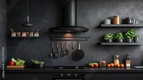 Dark kitchen interior, modern range hood, cooking utensils, shelves, food prep