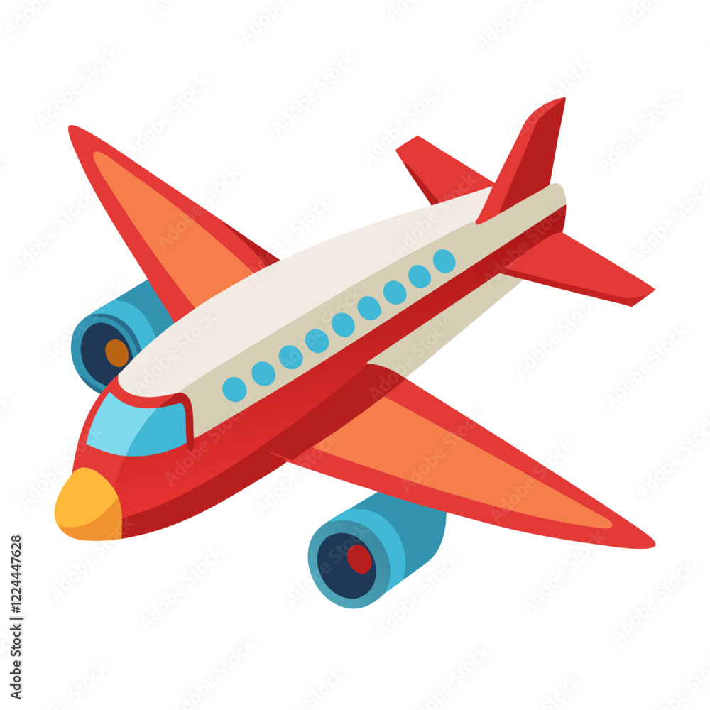 Fototapeta premium A vibrant airplane depicted in a playful design features a red and white color scheme. This artistic representation highlights the charm of aviation with its rounded shape and bright elements