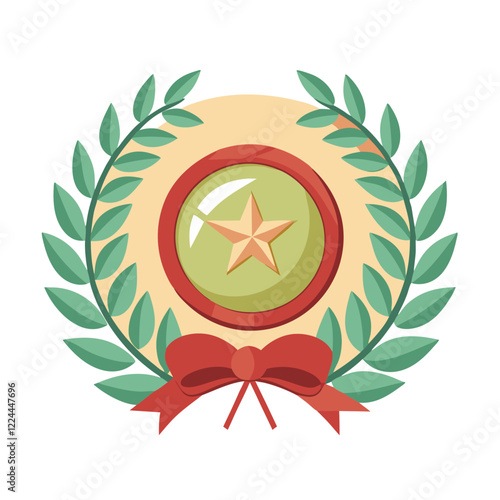 A decorative emblem featuring a circular badge with a star at the center, surrounded by a green laurel wreath and topped with a red ribbon. Ideal for symbolizing achievement and victory