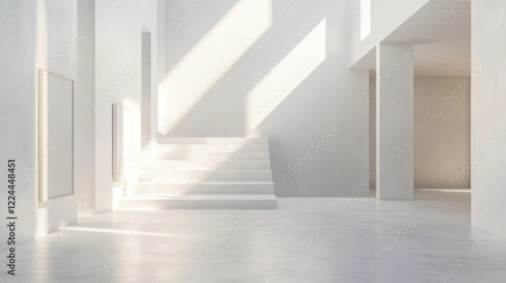 Obraz premium Minimalist interior design with white walls, stairs, and natural light creating a serene gallery space