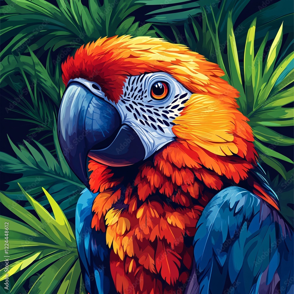 Obraz premium A vector illustration of a colorful parrot's face with vibrant red and blue feathers, against a tropical rainforest background.