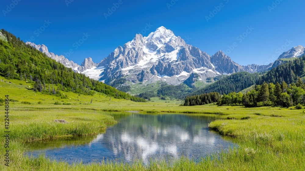 Majestic snow-capped mountain reflected in tranquil alpine lake. Use Travel brochure Majestic snow-capped mountain reflected in tranquil alpine lake. Use Travel brochure