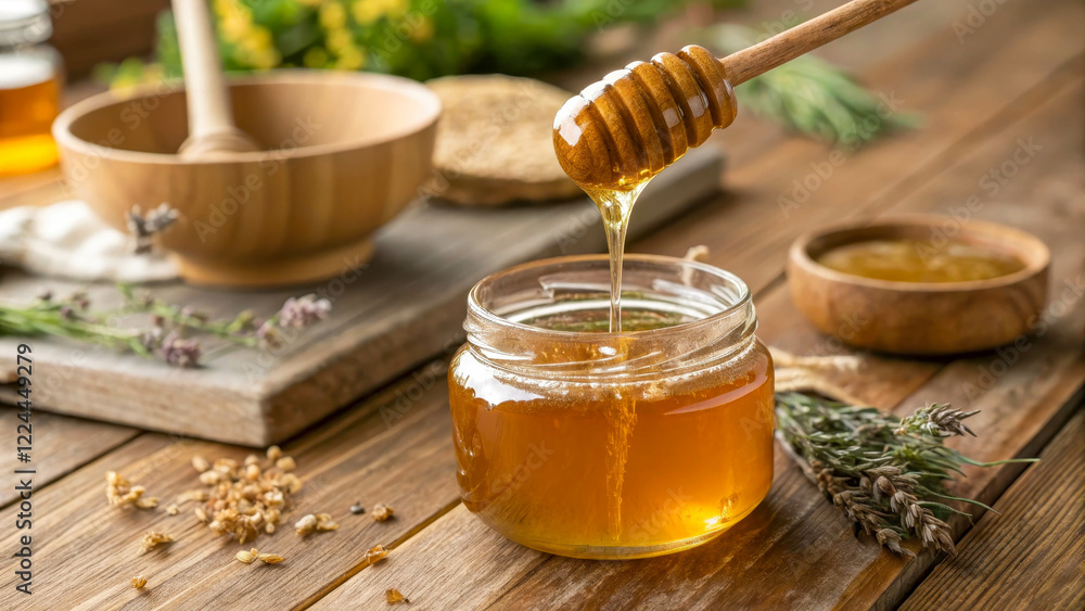 Close-up of glass jar filled with golden honey and wooden spoon dripping with honey. Herbs on rustic wooden table background. Close-up of glass jar filled with golden honey and wooden spoon dripping with honey. Herbs on rustic wooden table background.